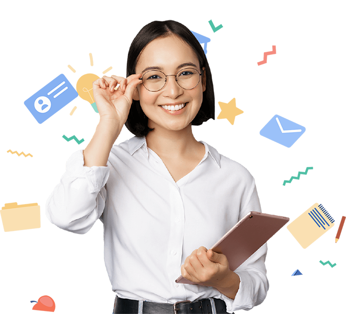 A cheerful woman with glasses is holding a clipboard, showcasing her positive attitude and readiness for tasks ahead