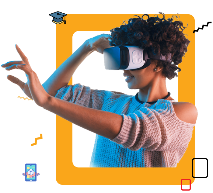  A woman immersed in a virtual reality experience, wearing a sleek VR headset, showcasing modern technology in action.